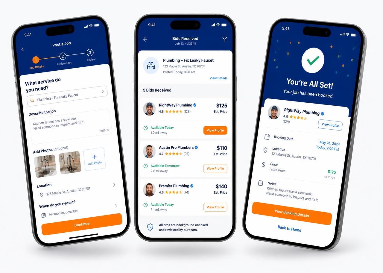 HomeFix app screens showing job posting, received bids and a confirmed booking
