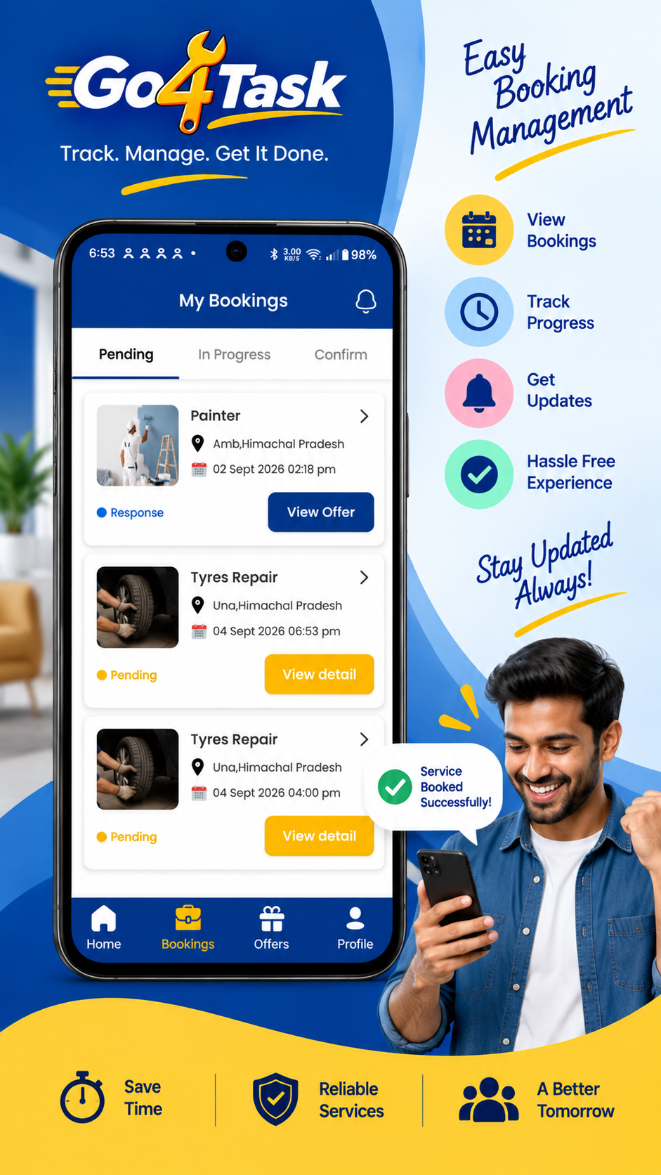 Go4Task booking management screen