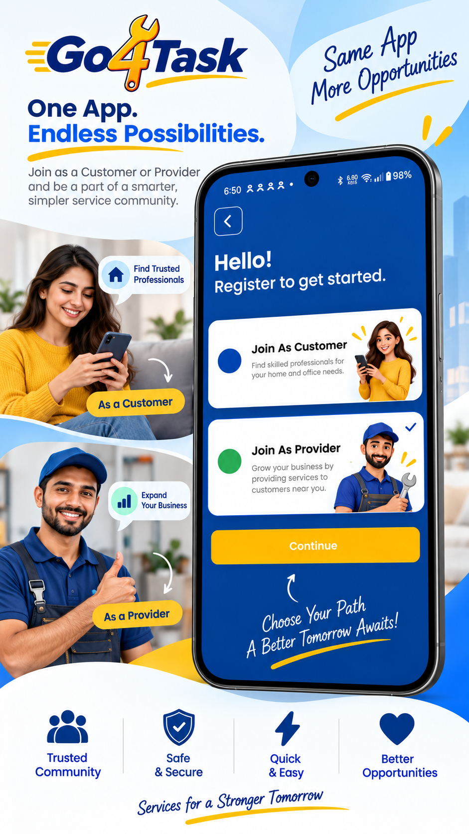 Go4Task signup screen with customer and provider options