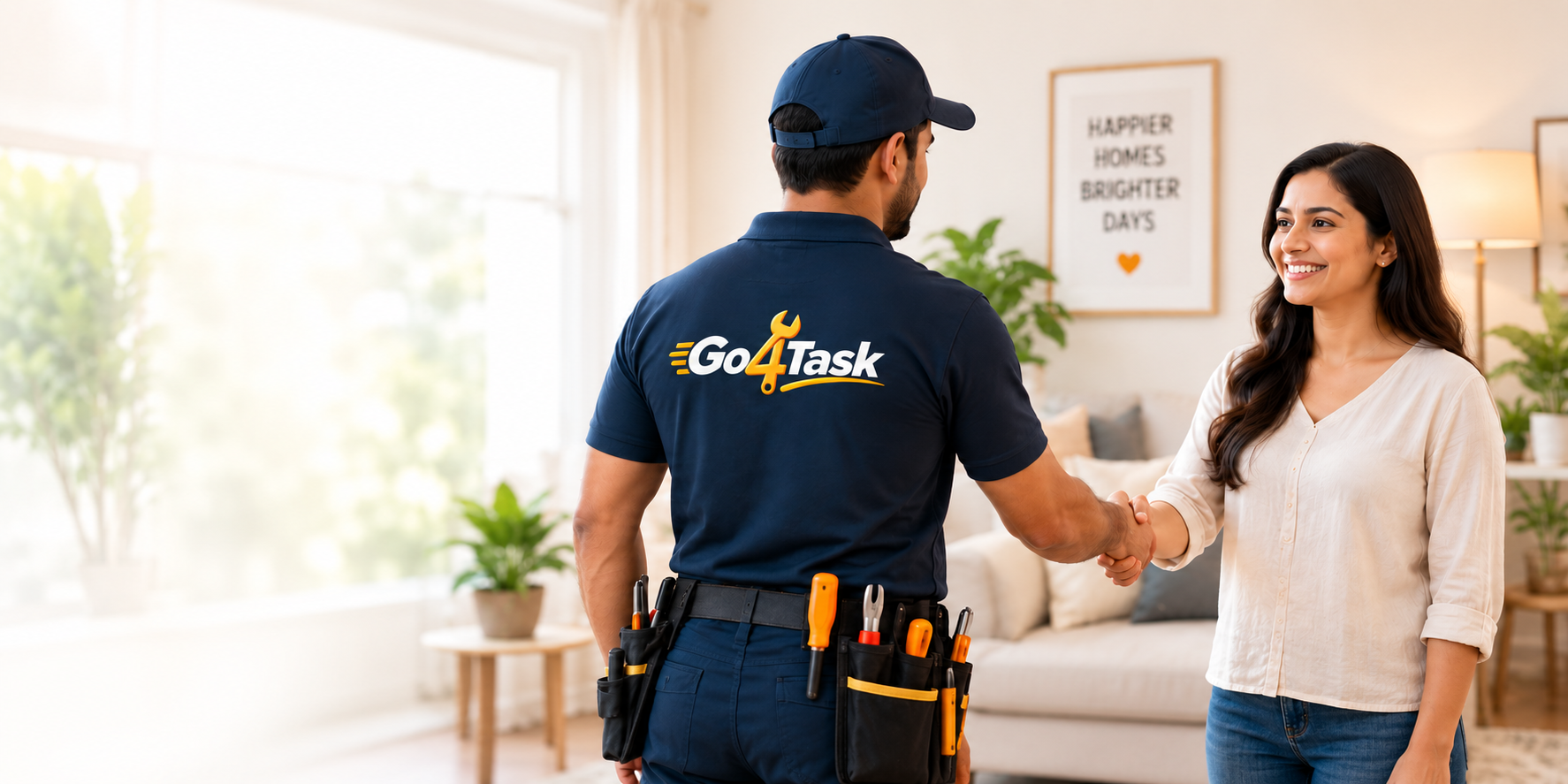 Go4Task service professional shaking hands with a happy customer at home